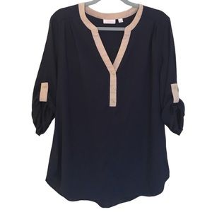New York & Company navy blue blouse with tan detail around v-neck neckline, XL